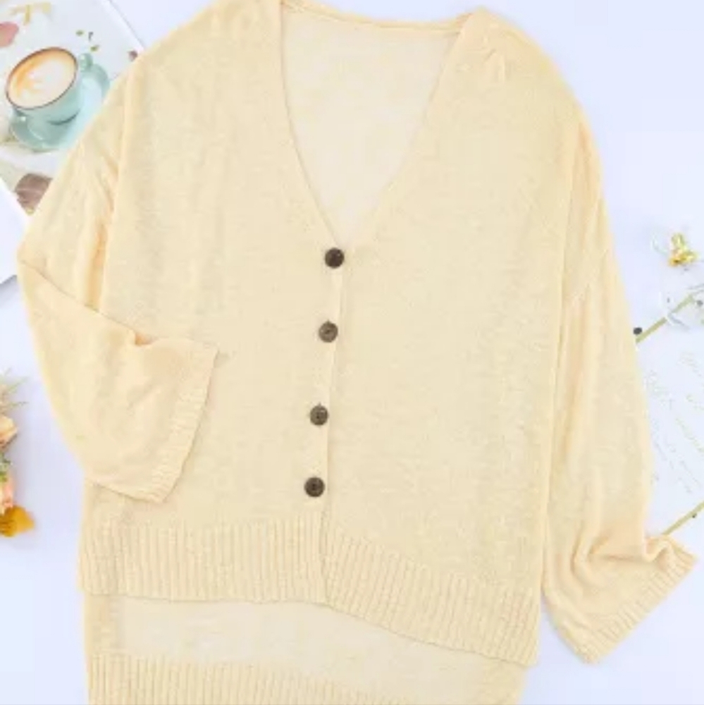 πNew Apricot Loose Lightweight V Neck Buttoned Sheer Knit Cardigan - Picture 11 of 17